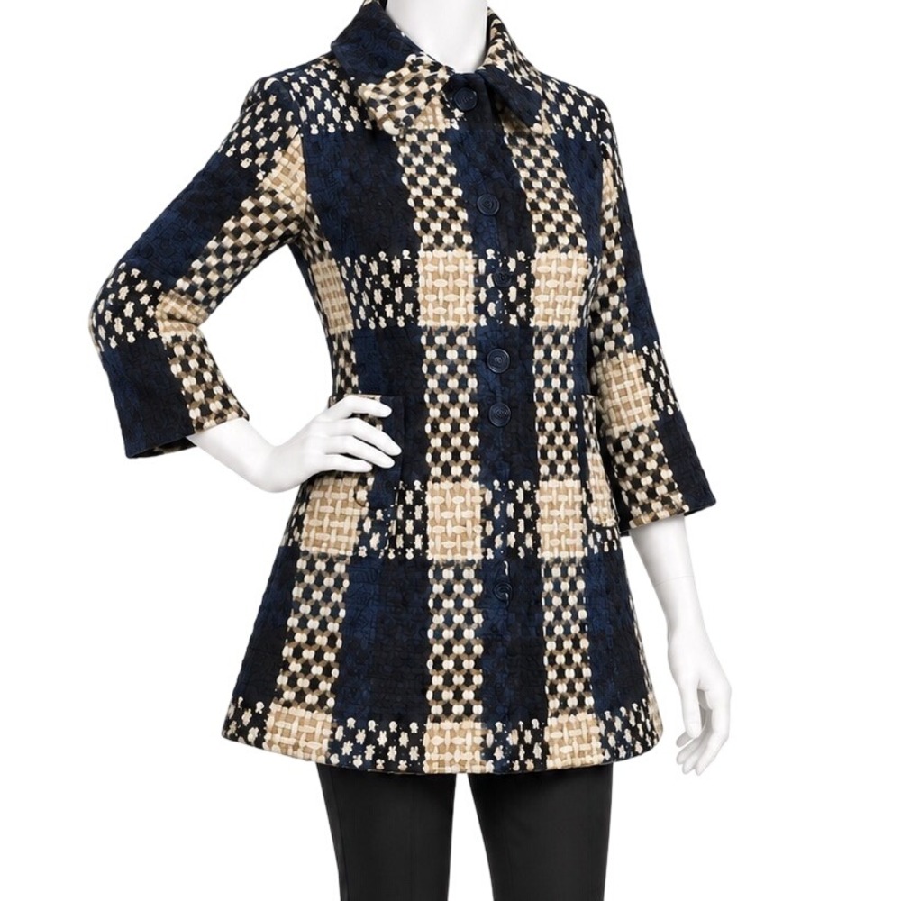 VINTAGE Handmade‎ Korean Textured Weave Coat Navy Blue Cream Plaid A-Line | Sz M